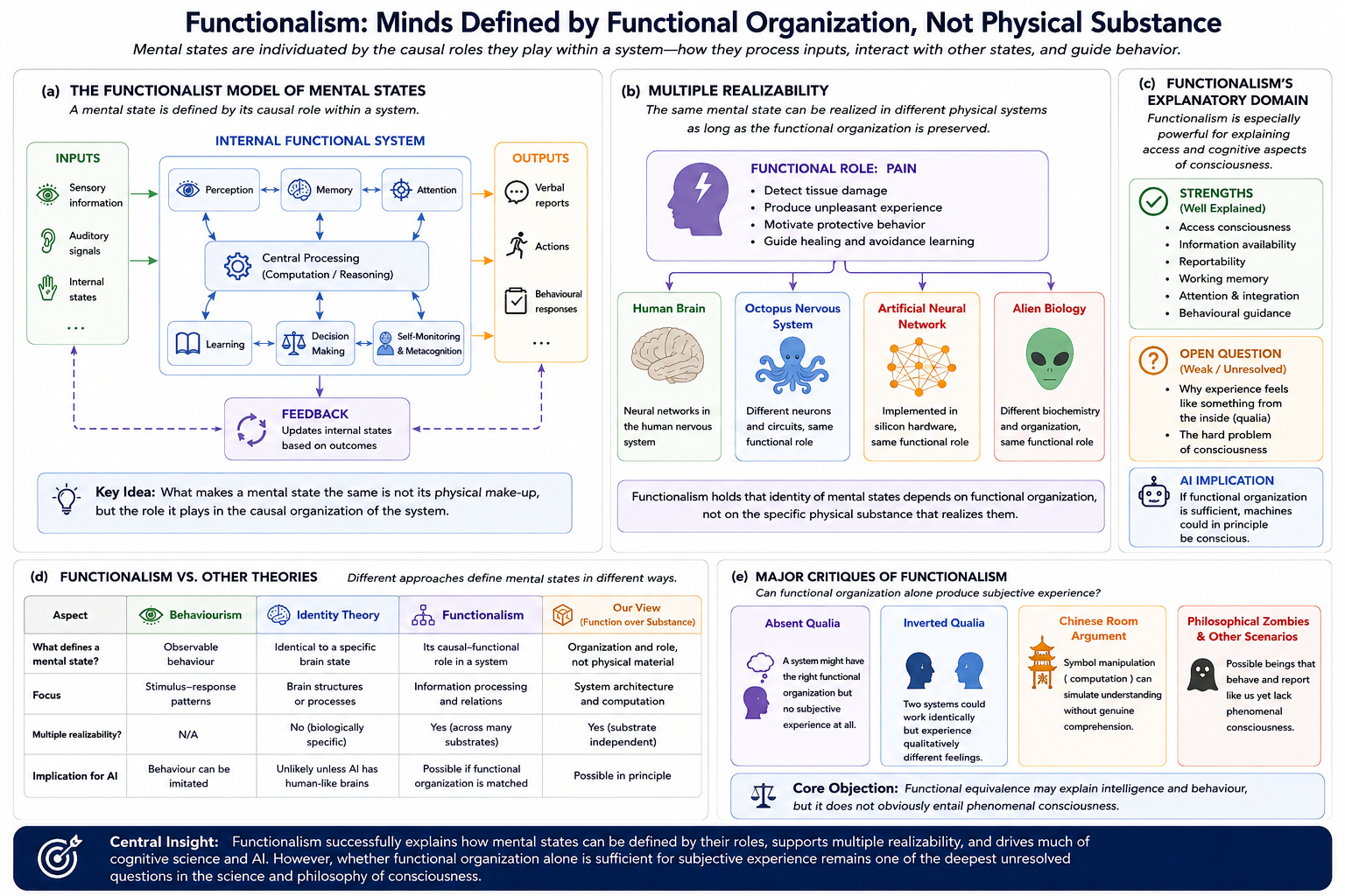 Functionalist models define mental states according to causal organization, information flow, internal processing, and behavioural relations rather than specific physical substance. The figure also illustrates multiple realizability and contrasts functionalism with identity theory.