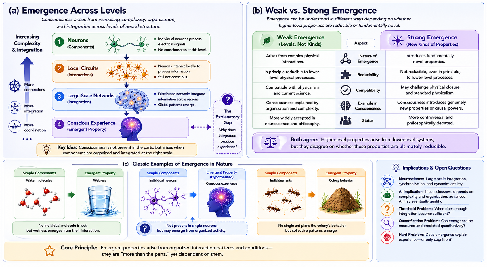 Emergentist theories propose that consciousness arises from increasing complexity, interaction, integration, and large-scale neural organization. The figure distinguishes weak and strong emergence and illustrates how emergent properties arise from organized systems rather than isolated components alone. The highlighted transition between large-scale neural integration and conscious experience represents one of the central unresolved explanatory problems in consciousness studies.
