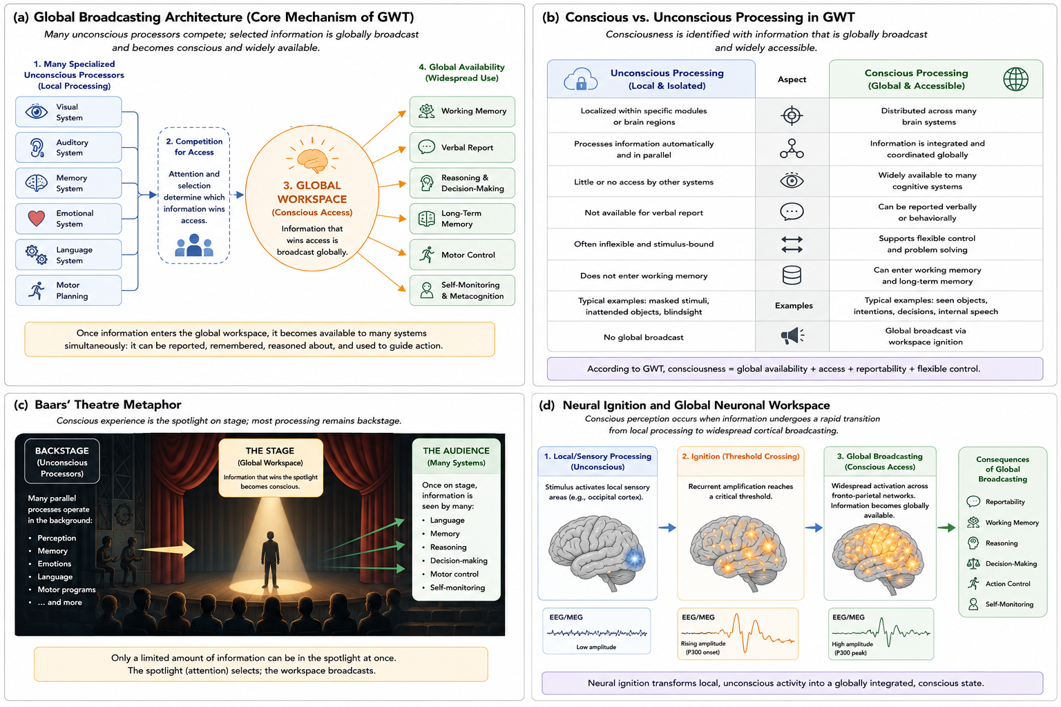 Global Workspace Theory proposes that consciousness occurs when selected information becomes globally broadcast across multiple cognitive systems. The figure illustrates unconscious parallel processing, competition for access, neural ignition, global broadcasting, access consciousness, and the distinction between cognitive accessibility and phenomenal experience.