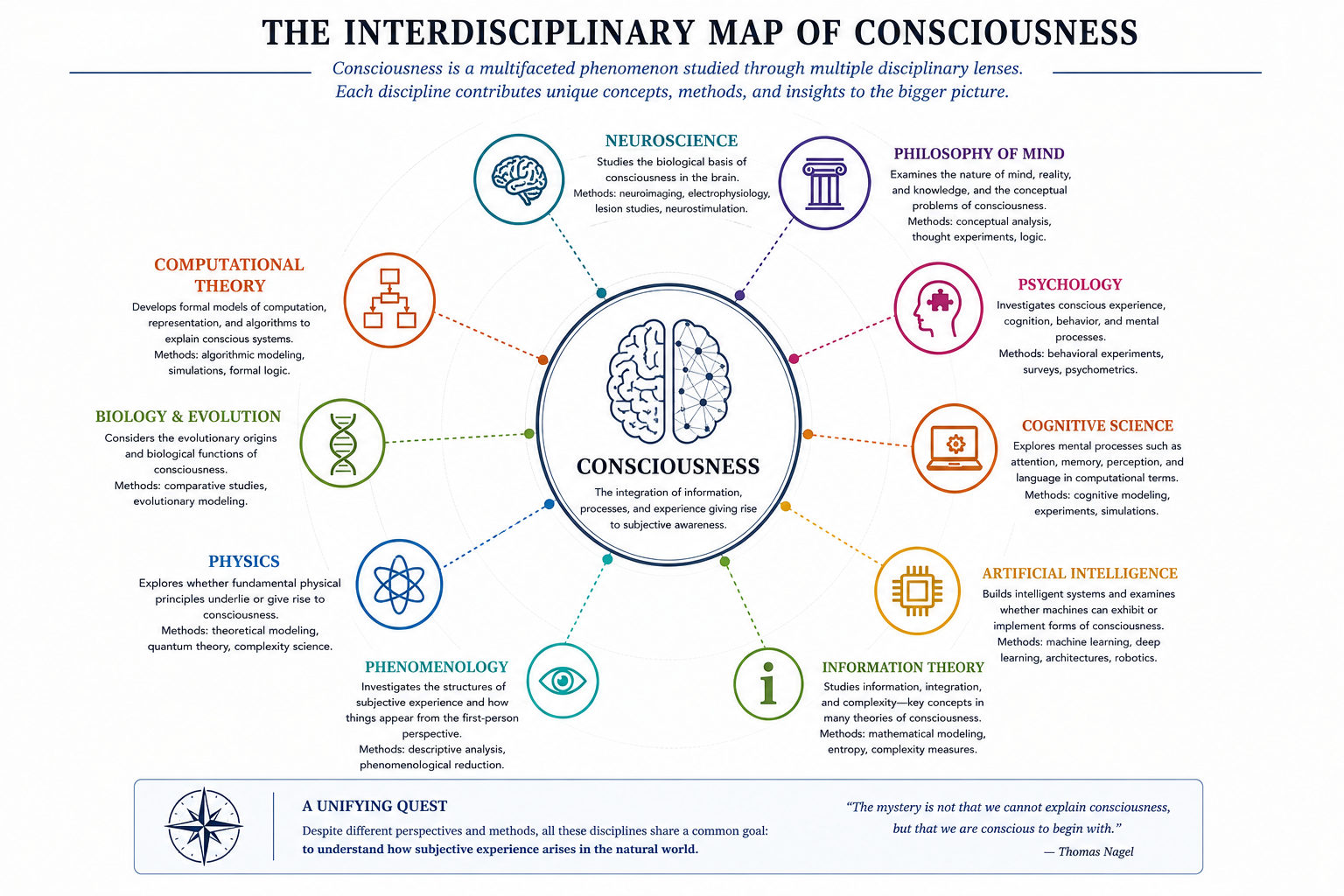 An interdisciplinary conceptual map of consciousness research. Contemporary approaches to consciousness emerge from neuroscience, philosophy, psychology, artificial intelligence, phenomenology, physics, biology, and information theory. Each discipline emphasizes different explanatory targets, methods, and assumptions regarding the nature of conscious experience.