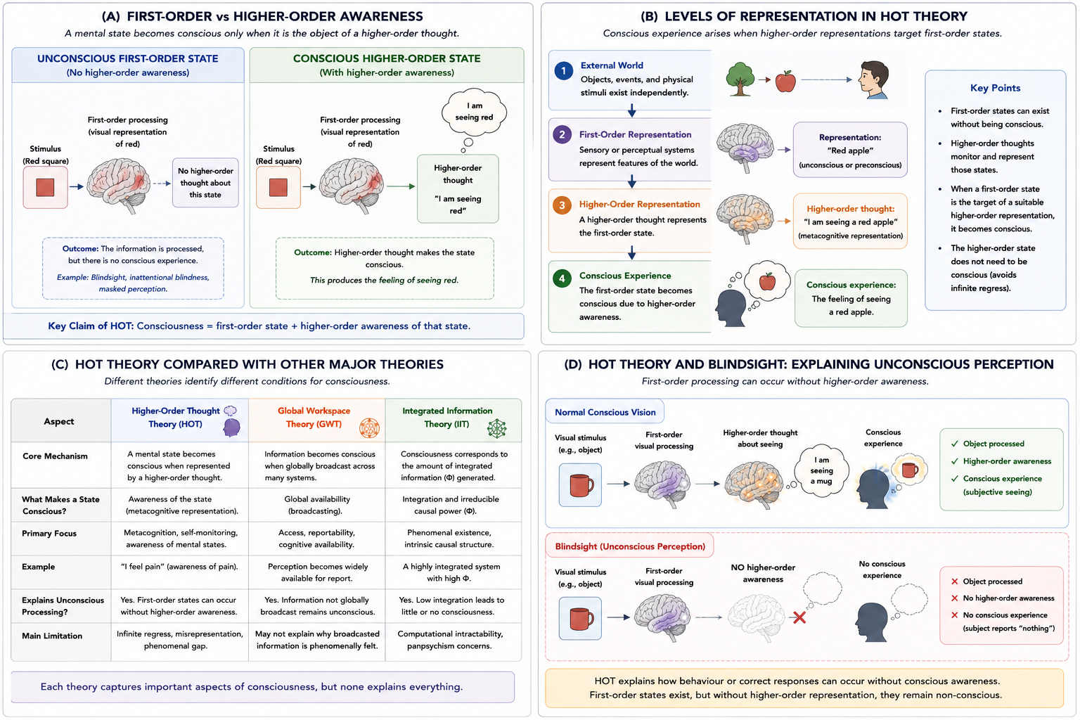 Higher-Order Thought Theory (HOT). Panel A contrasts unconscious first-order processing with conscious higher-order awareness. Panel B illustrates layered representational structure. Panel C compares HOT with Global Workspace Theory and Integrated Information Theory. Panel D illustrates HOT interpretations of blindsight and unconscious perception.