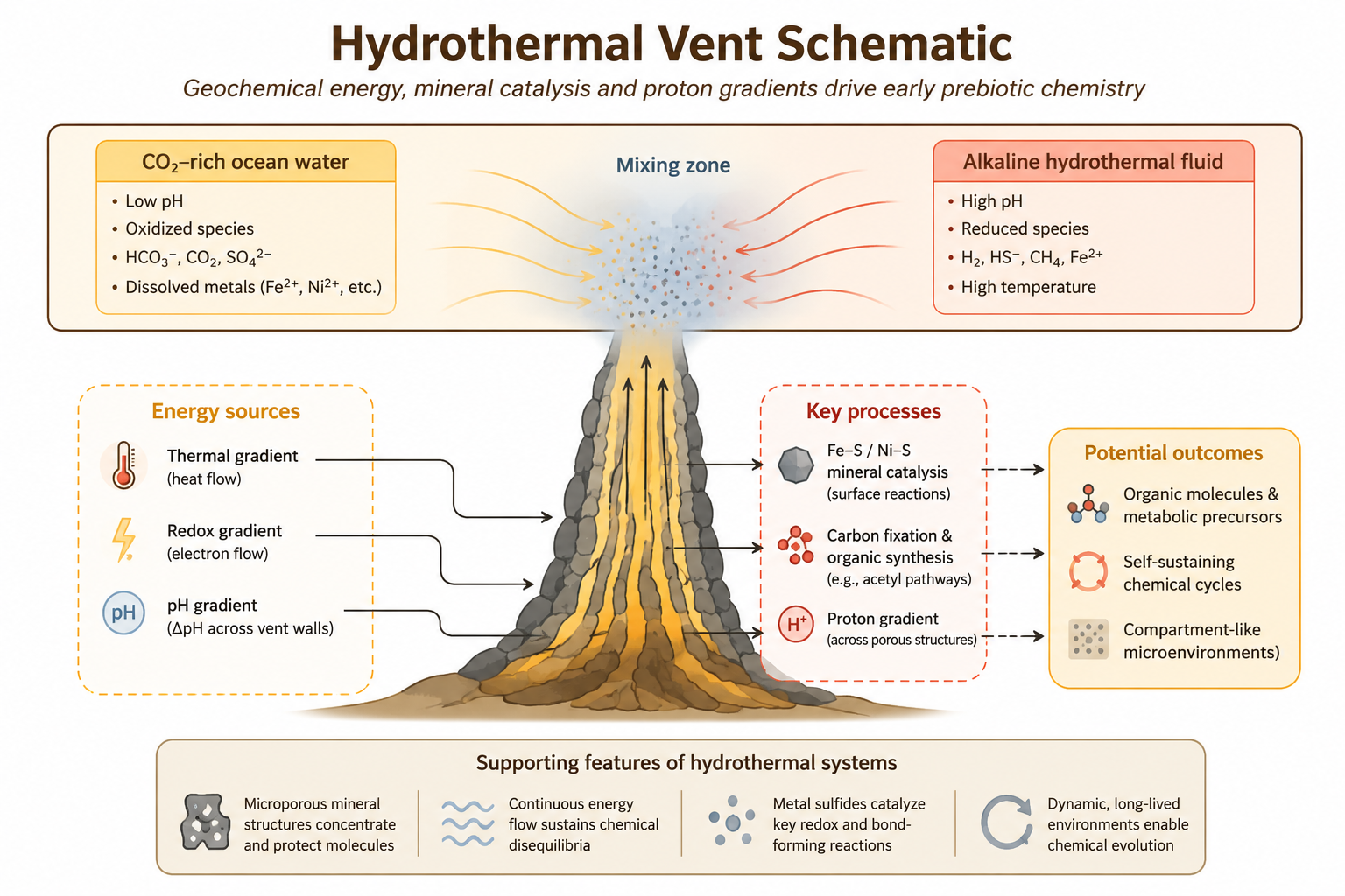 Hydrothermal vent schematic illustrating geochemical gradients, catalytic surfaces, and potential pathways for prebiotic chemistry.