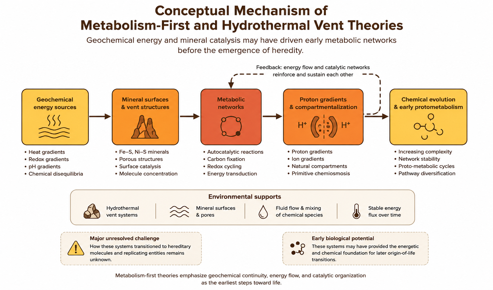 Conceptual mechanism of metabolism-first and hydrothermal vent theories.