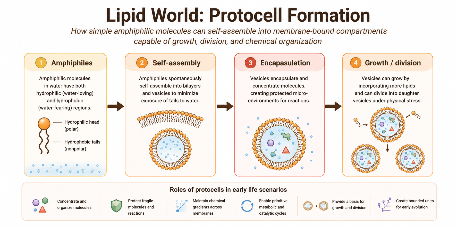 Conceptual mechanism of lipid world and protocell theories.