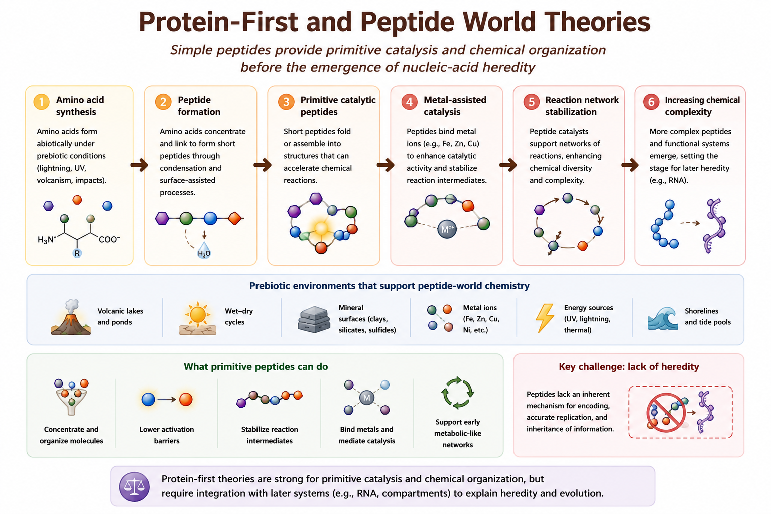 Conceptual mechanism of Protein-First and Peptide World theories. Primitive peptides may have supported early catalysis and chemical organization before nucleic-acid heredity emerged.